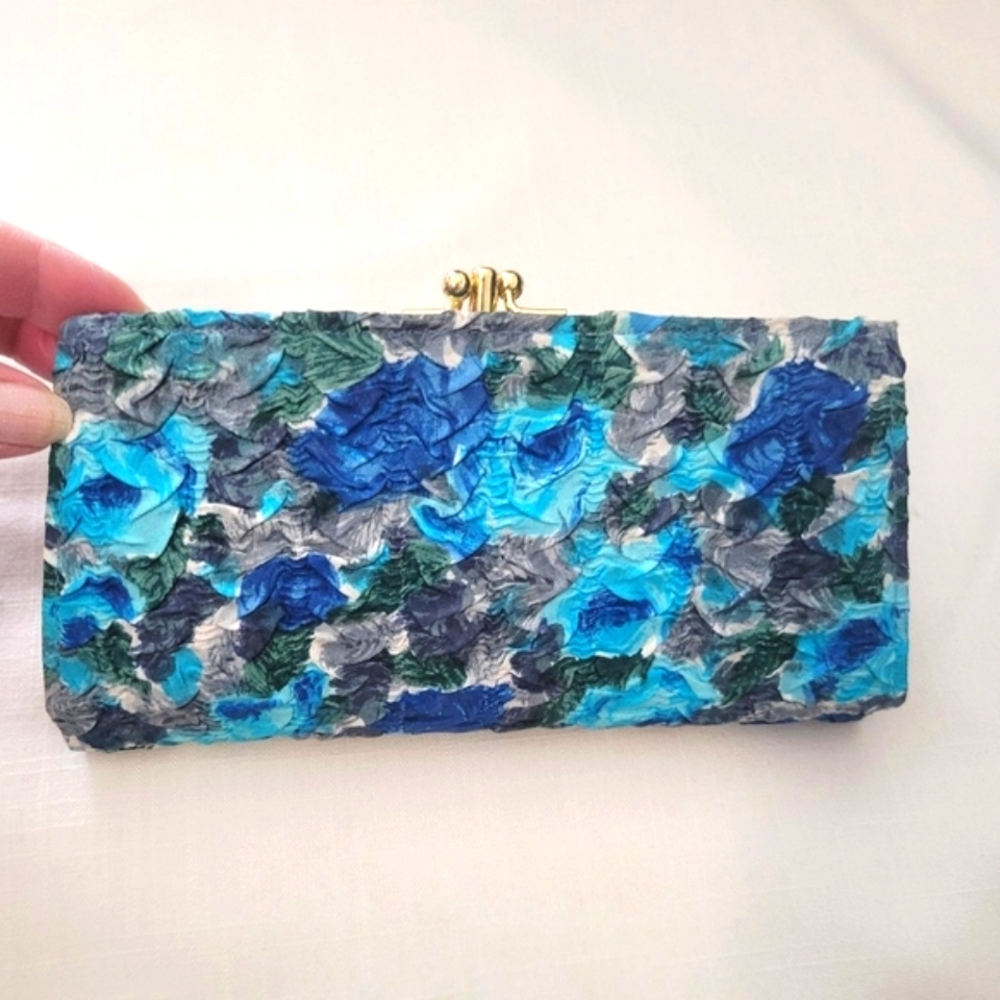 New Old Stock Beautiful Turquoise Wallet/Clutch with Fabric Floral Pattern